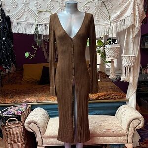 Vintage Y2K brown button down front maxi duster cardigan